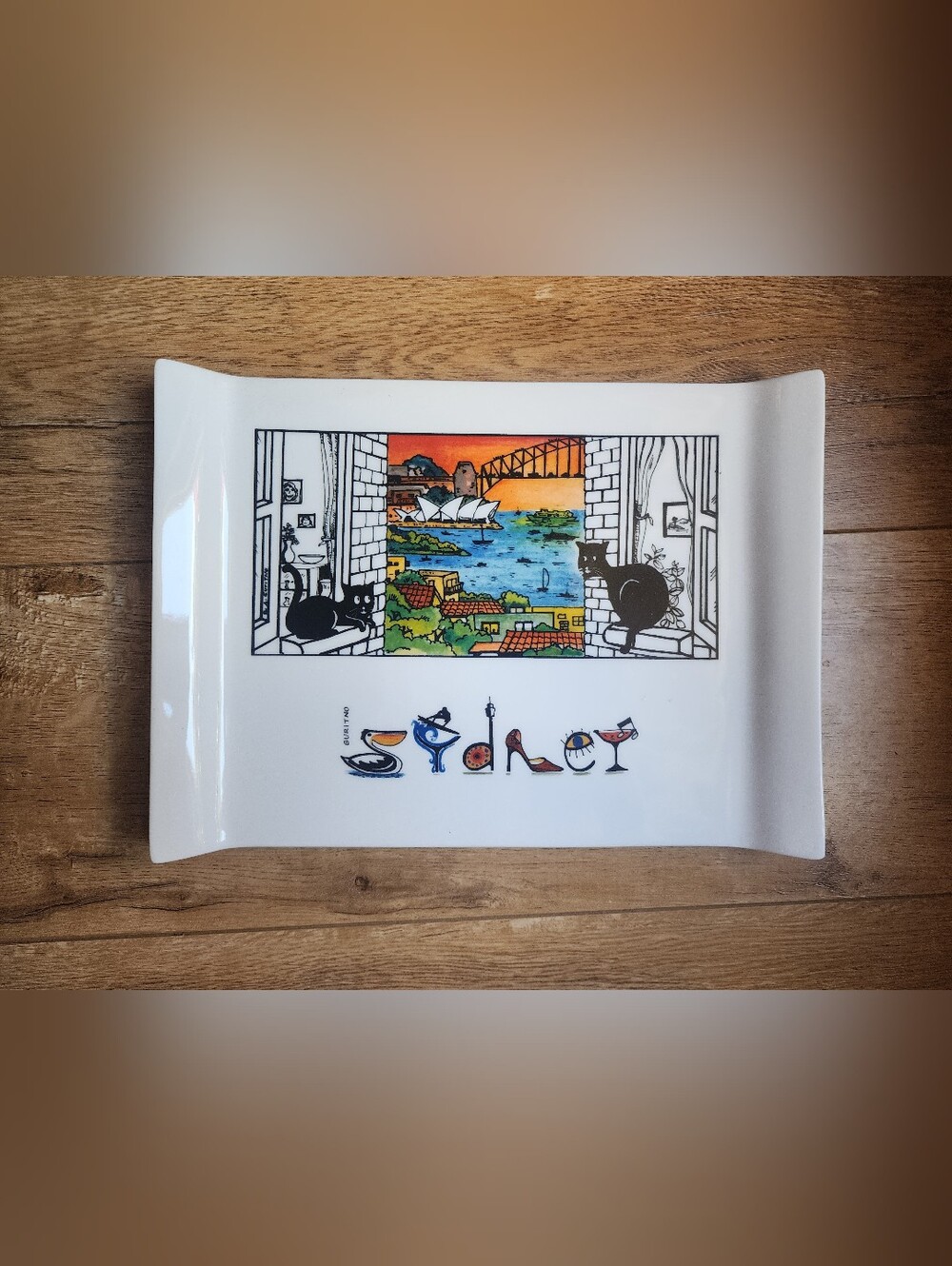 GURITNO Sydney Opera Bridge Window Cats Porcelain Plate Tray AUSTRALIA 11x8in